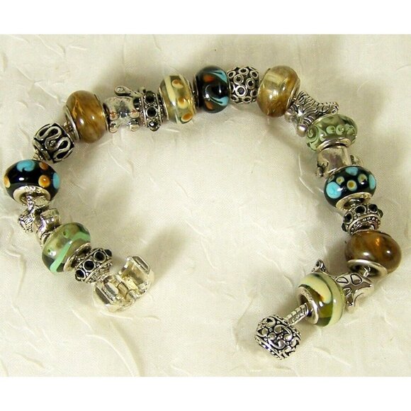 Sterling Silver Charm Bracelet Safari Animals Five Snake Chain 10 Glass Beads - Picture 6 of 6